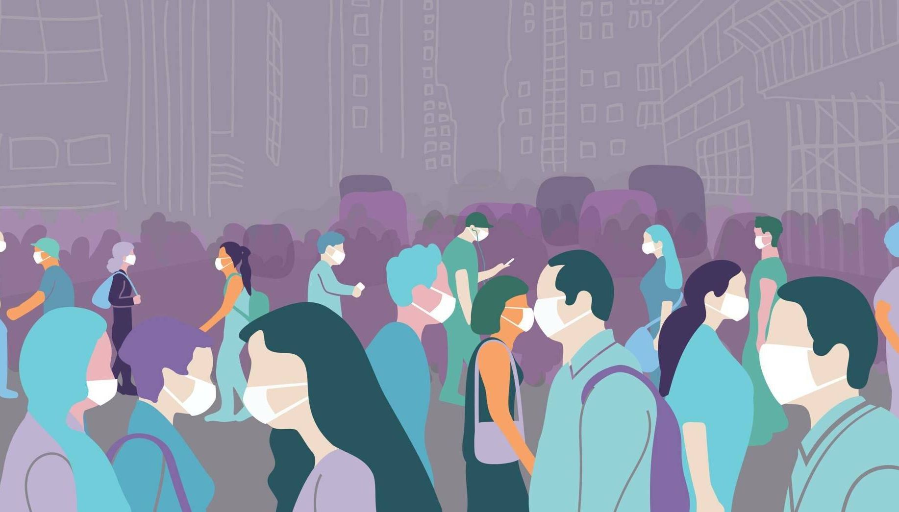 Illustration of crowd walking in a large city during covid-19 pandemic wearing face mask to protect themselves. Rewire PBS Health Covid anxiety