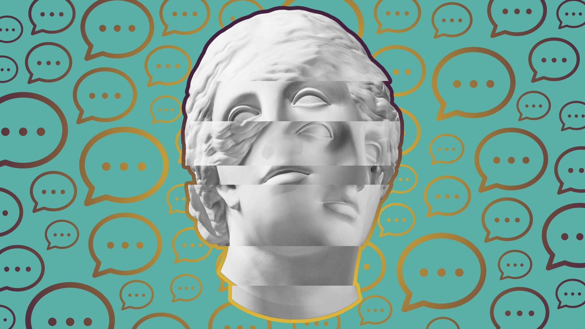 Two different marble busts are intercut over a backdrop of chat bubbles. Rewire Ask Me Instead