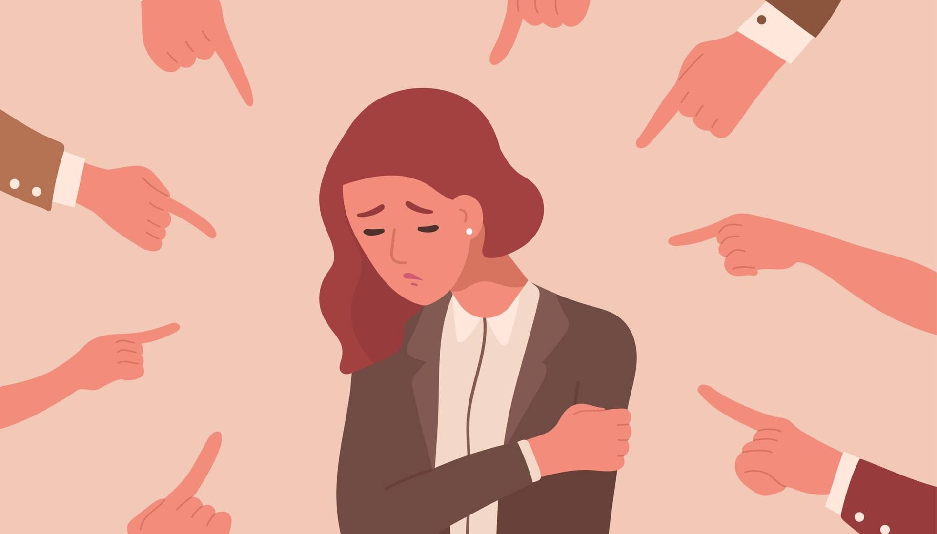 Illustration of unhappy young woman surrounded by hands with index fingers pointing at her