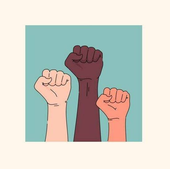 Illustration of three different-colored fists in the air, Rewire, fighting for black lives