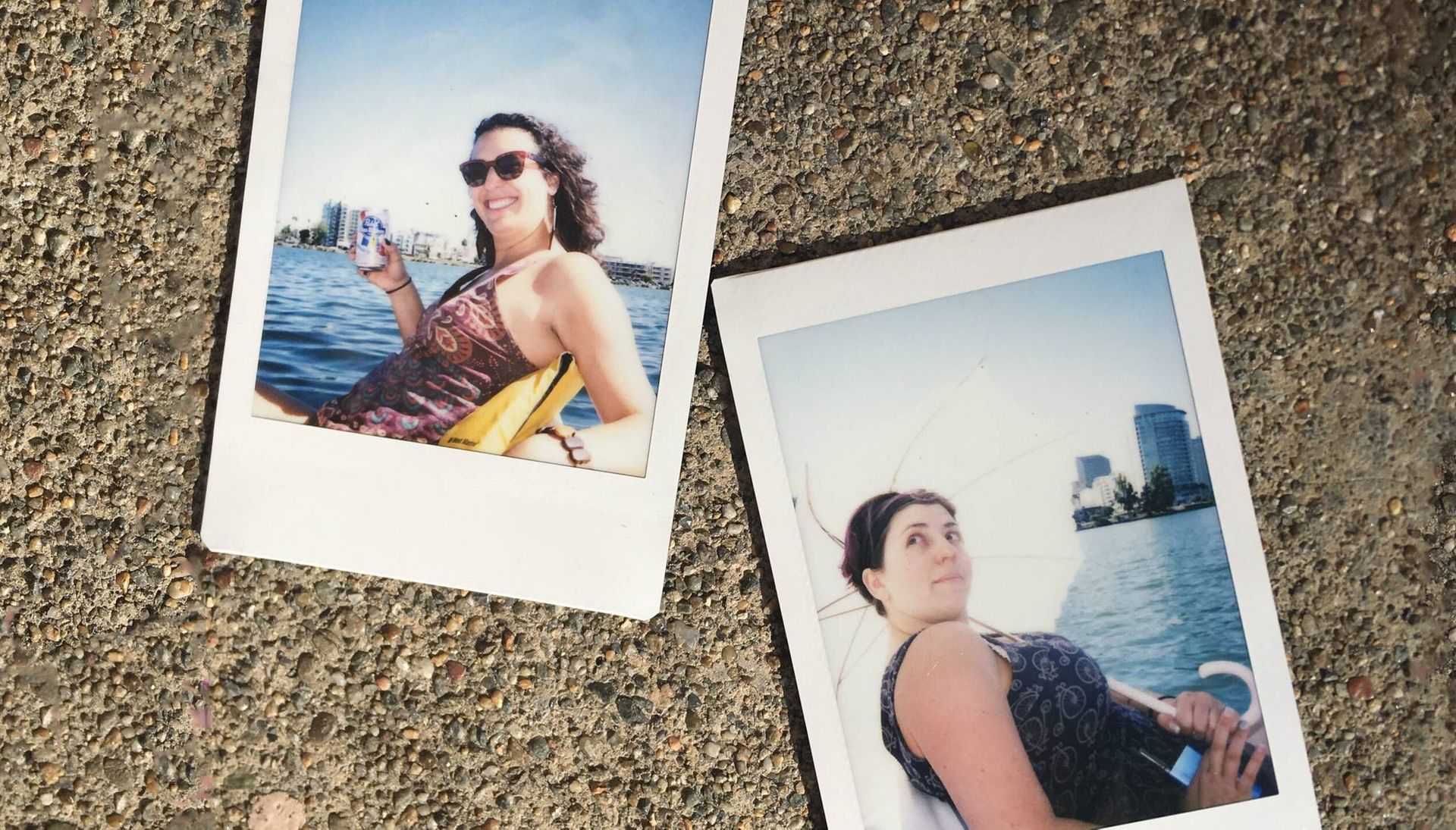 Two polaroid photos of young women sitting near the water