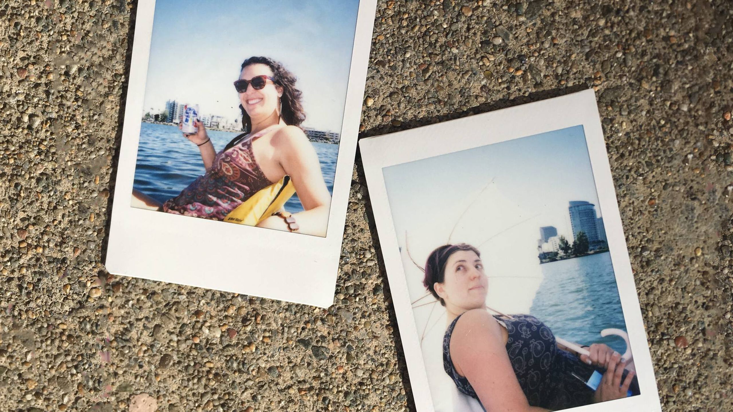 Two polaroid photos of young women sitting near the water, Rewire, Instant Messaging, friendship