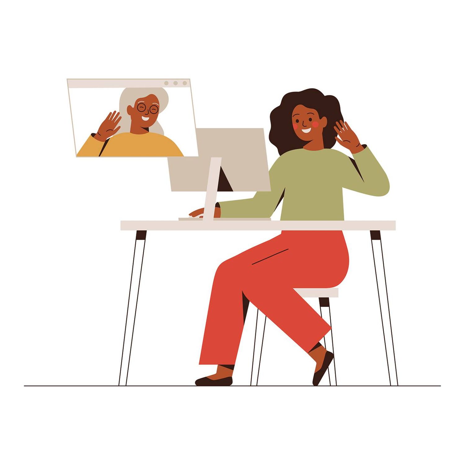 Illustration of a young black woman having a video call with her mature mother, Rewire, holiday depression