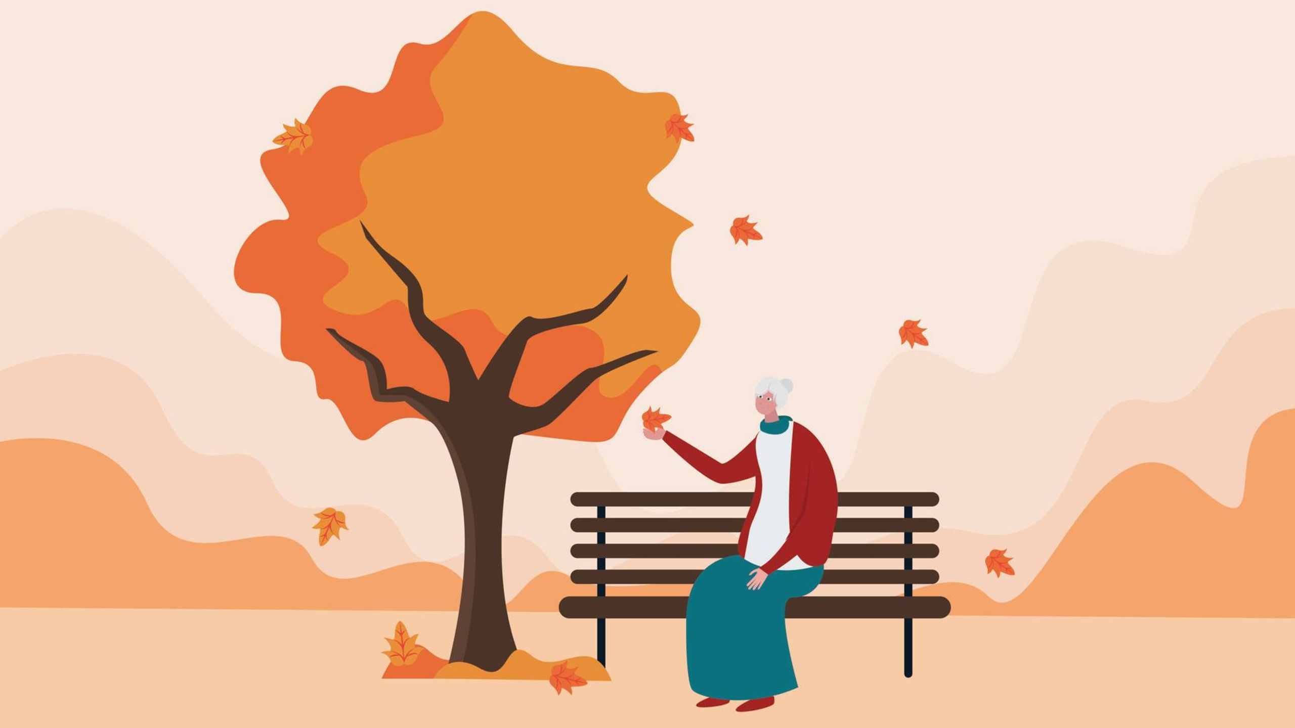 Illustration of an older woman holding the falling leaf enjoying autumn breeze sitting on the park, Rewire, holiday depression