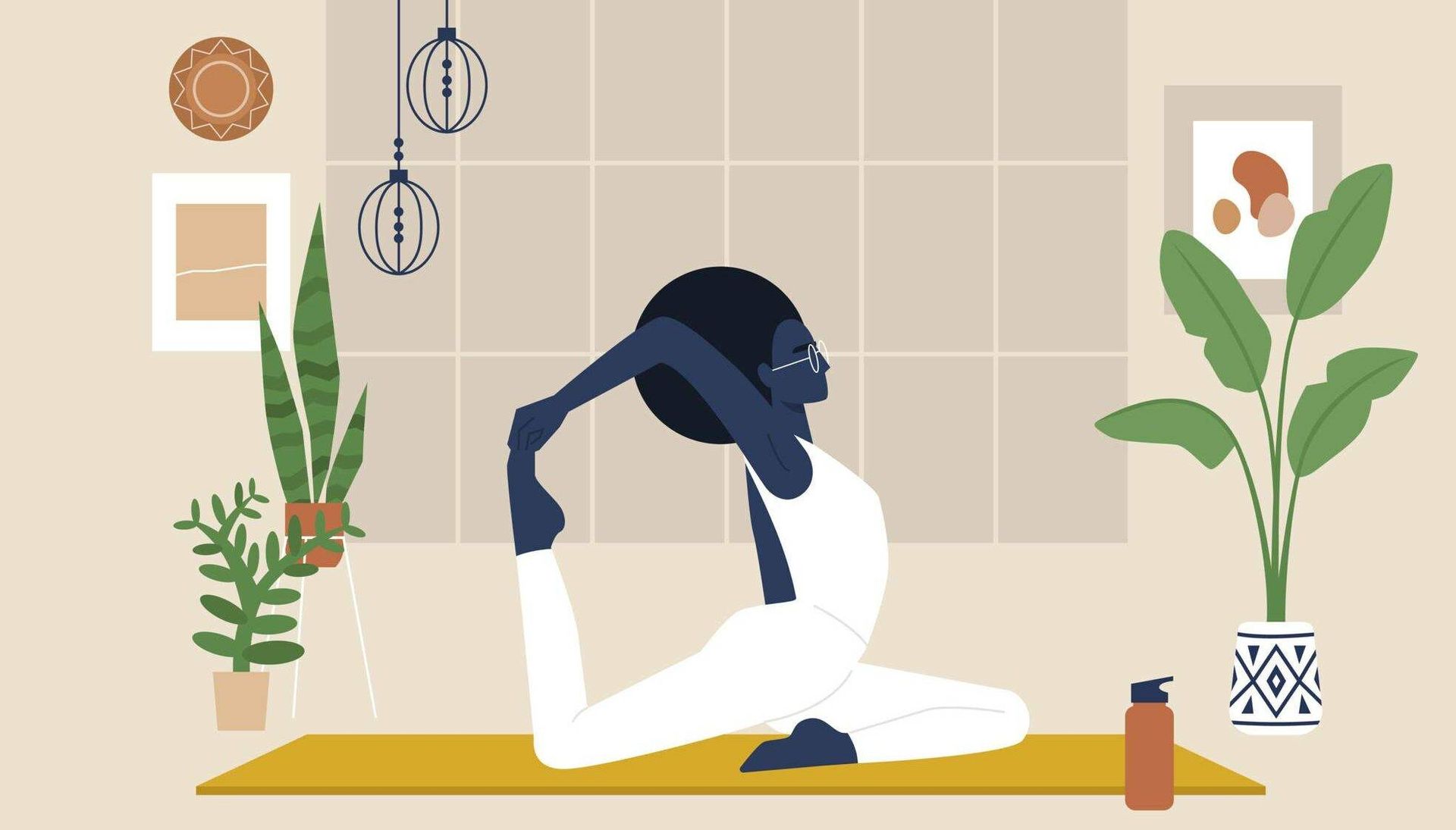 Illustration of woman doing yoga inside, surrounded by housplants