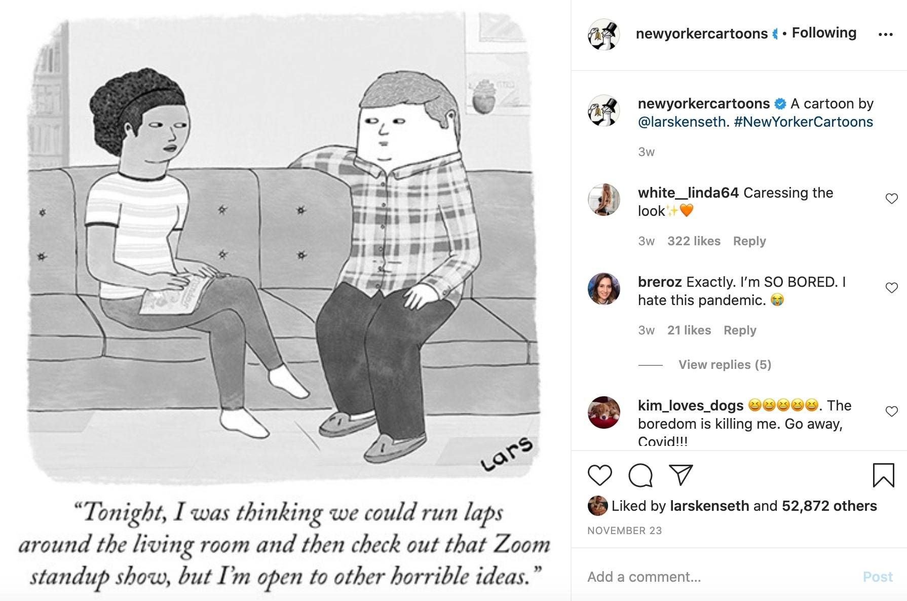 New Yorker cartoon of couple on couch, humor in dark times