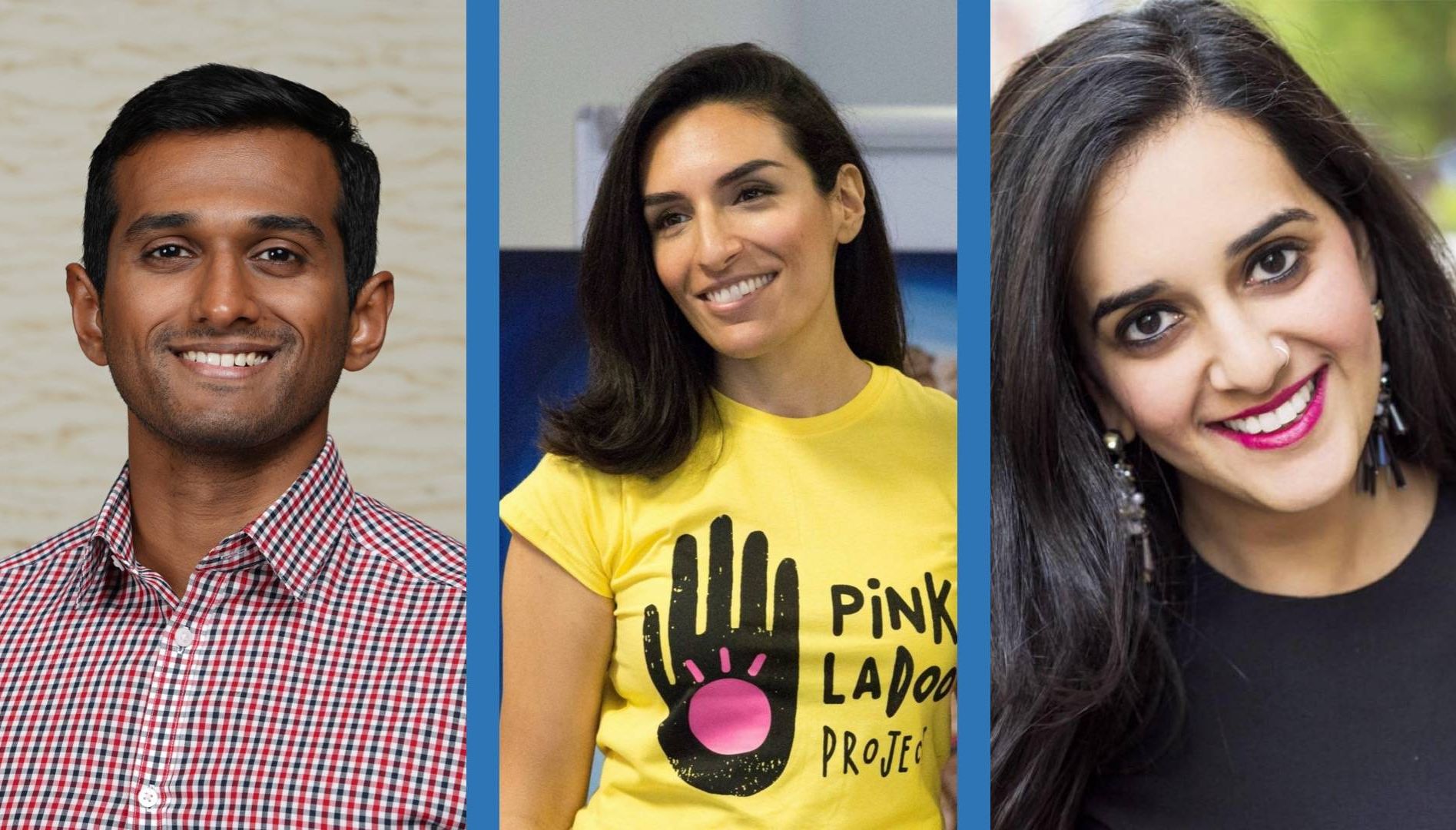 Three portraits of a man and two women of South Asian descent