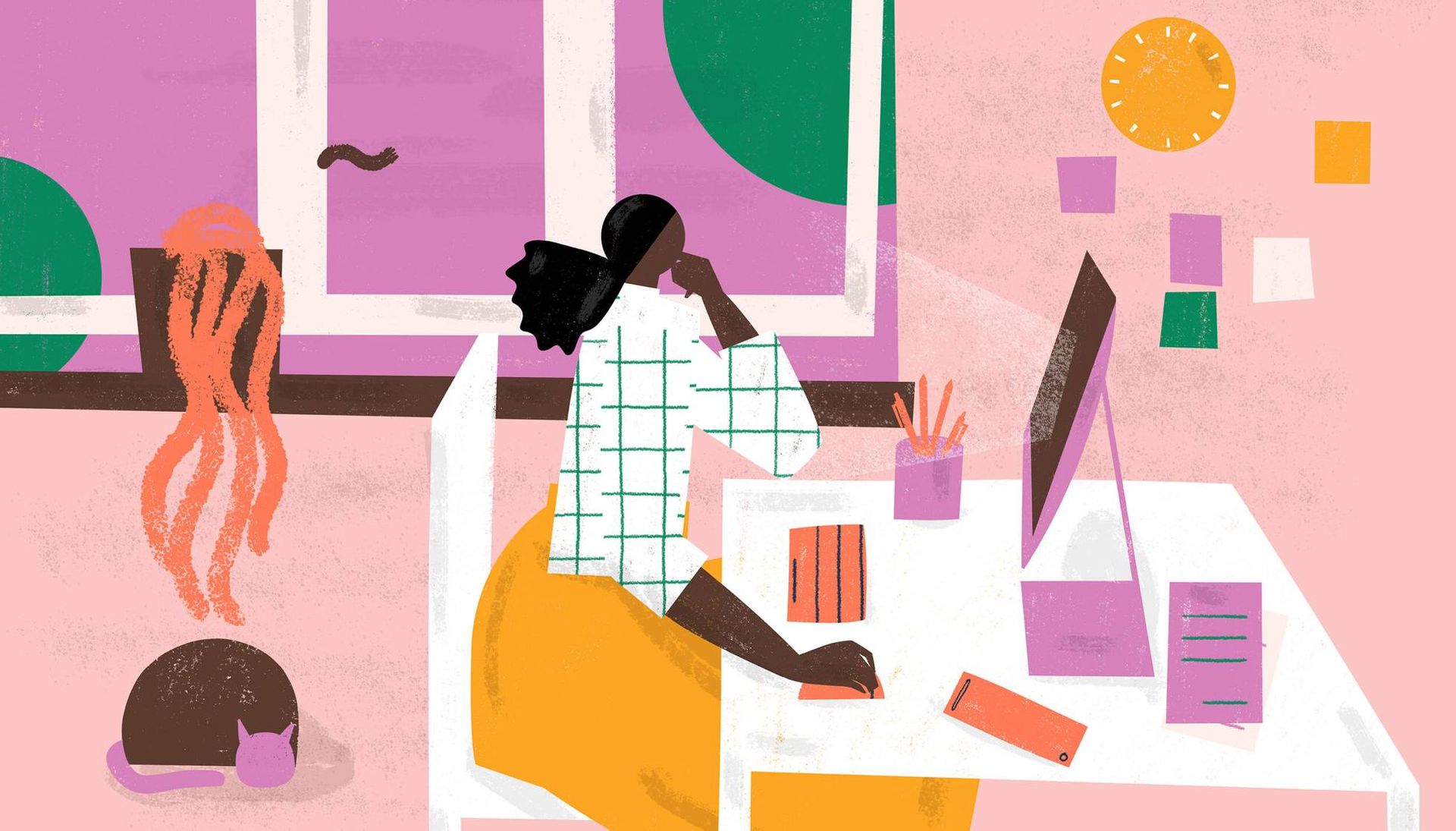 Illustration of a young woman sitting at her home desk. PBS Rewire Take Care