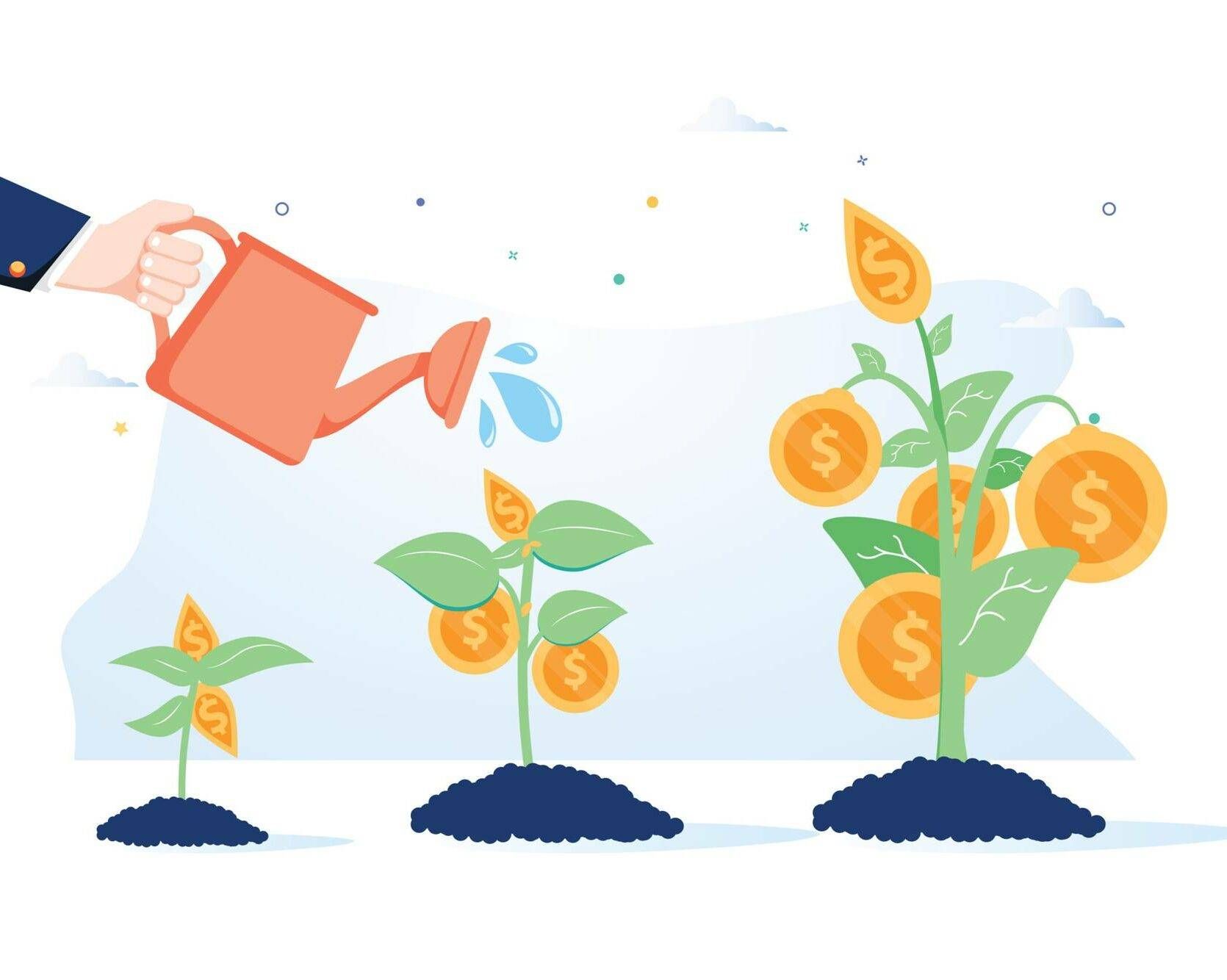 Illustration of an arm watering three money plants that are sprouting gold coins, childless adult, Rewire, future without kids
