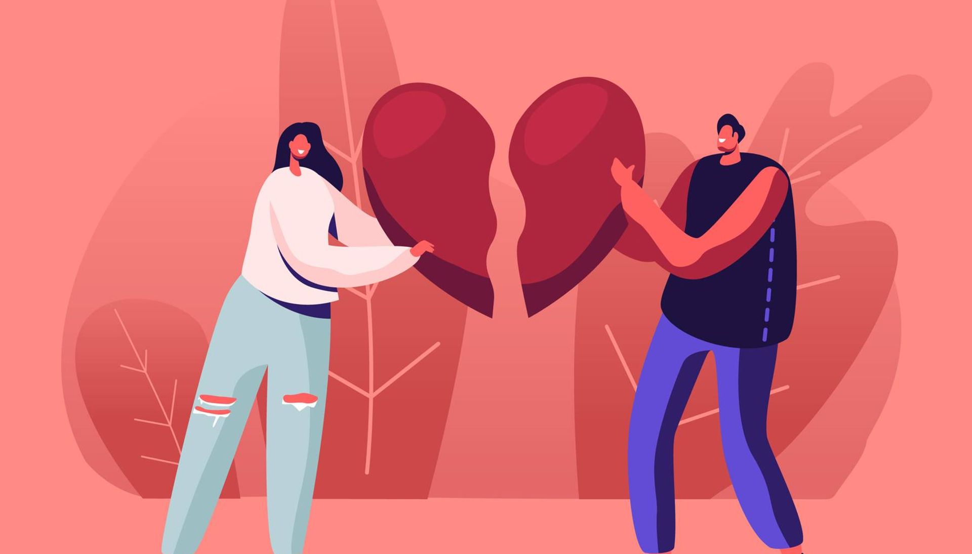 Illustration of a couple breaking up and each holding half of a broken heart
