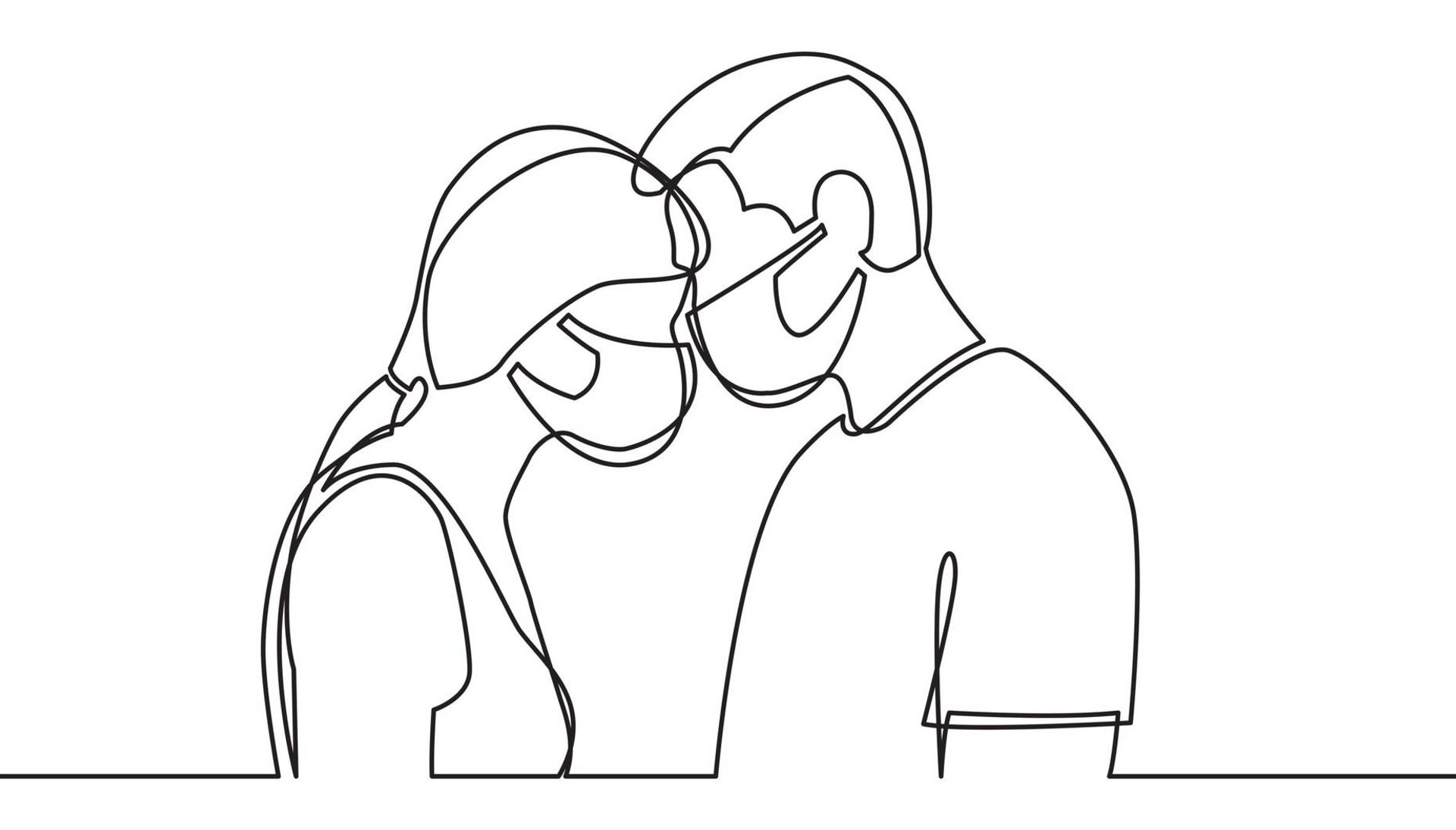 Line drawing illustration of a couple wearing masks and touching their foreheads together