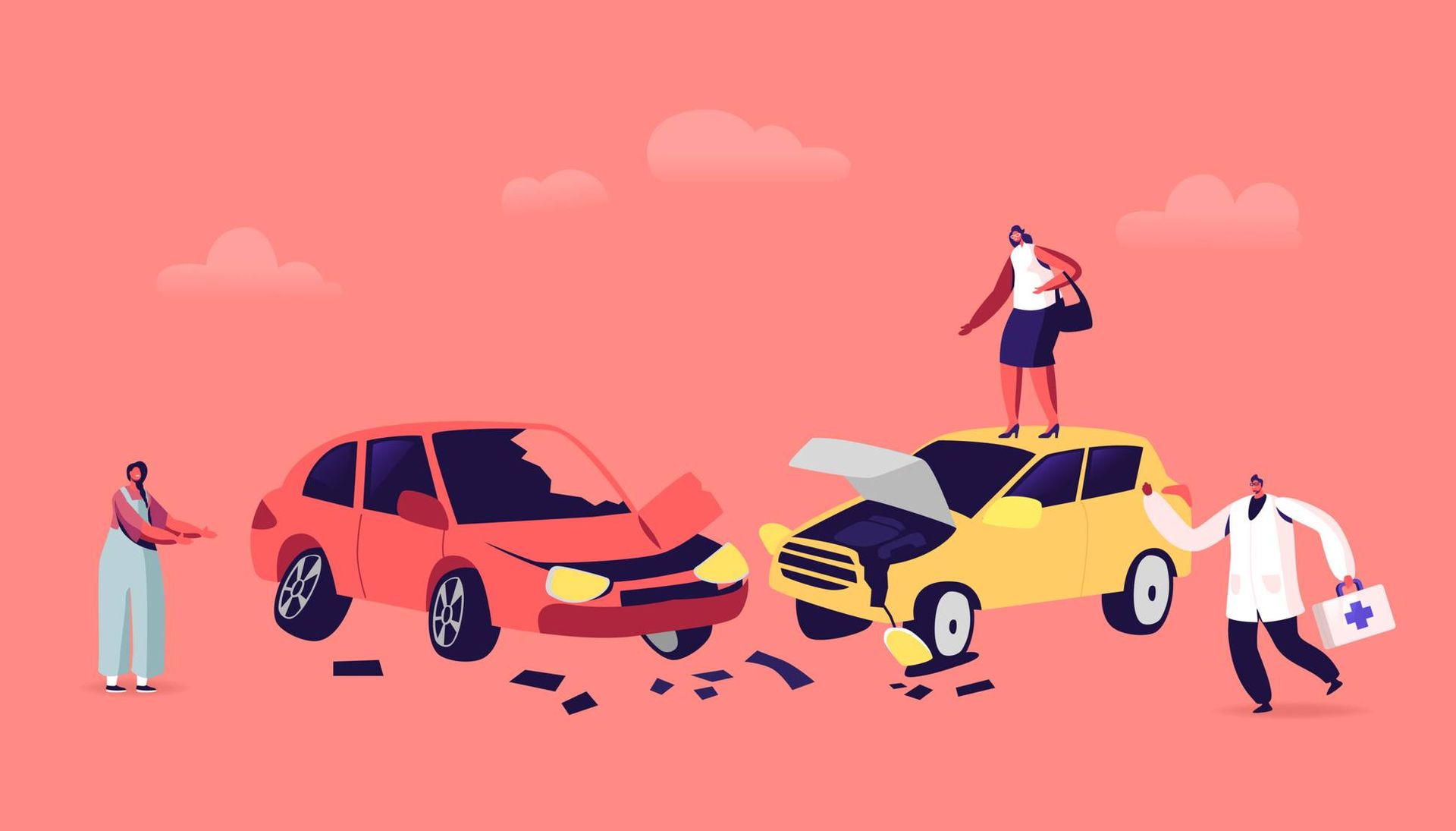 Illustration of a car accident with two drivers arguing about their damaged cars and a doctor running to the scene