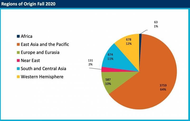 A pie chart that displays UC Berkeley's 2020 international student enrollment by country.