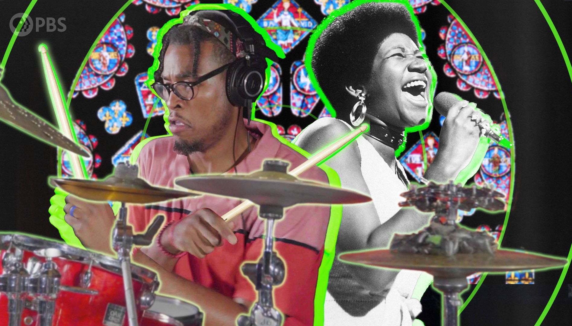 Graphic mosaic combining a color image of a man playing drums and a black and white image of Aretha Franklin. Rewire PBS Gospel