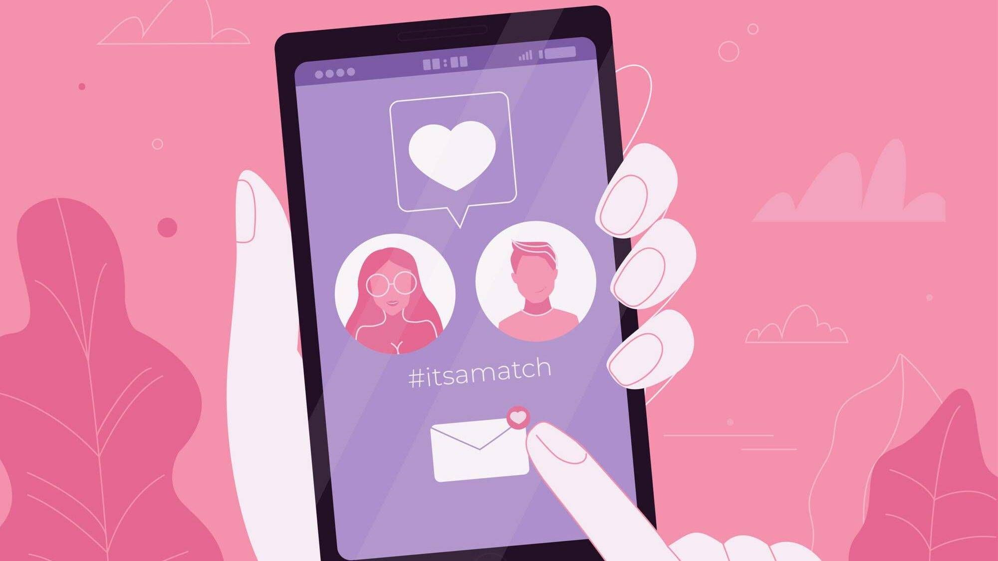 Illustration of a hand holding a smartphone with a dating app match displayed