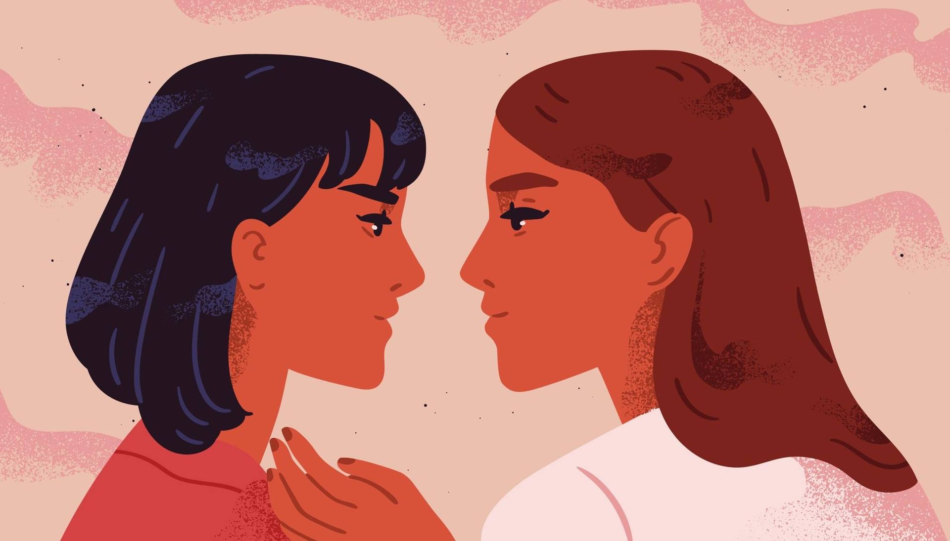 Illustration of two women in near close embrace, staring into each others eyes