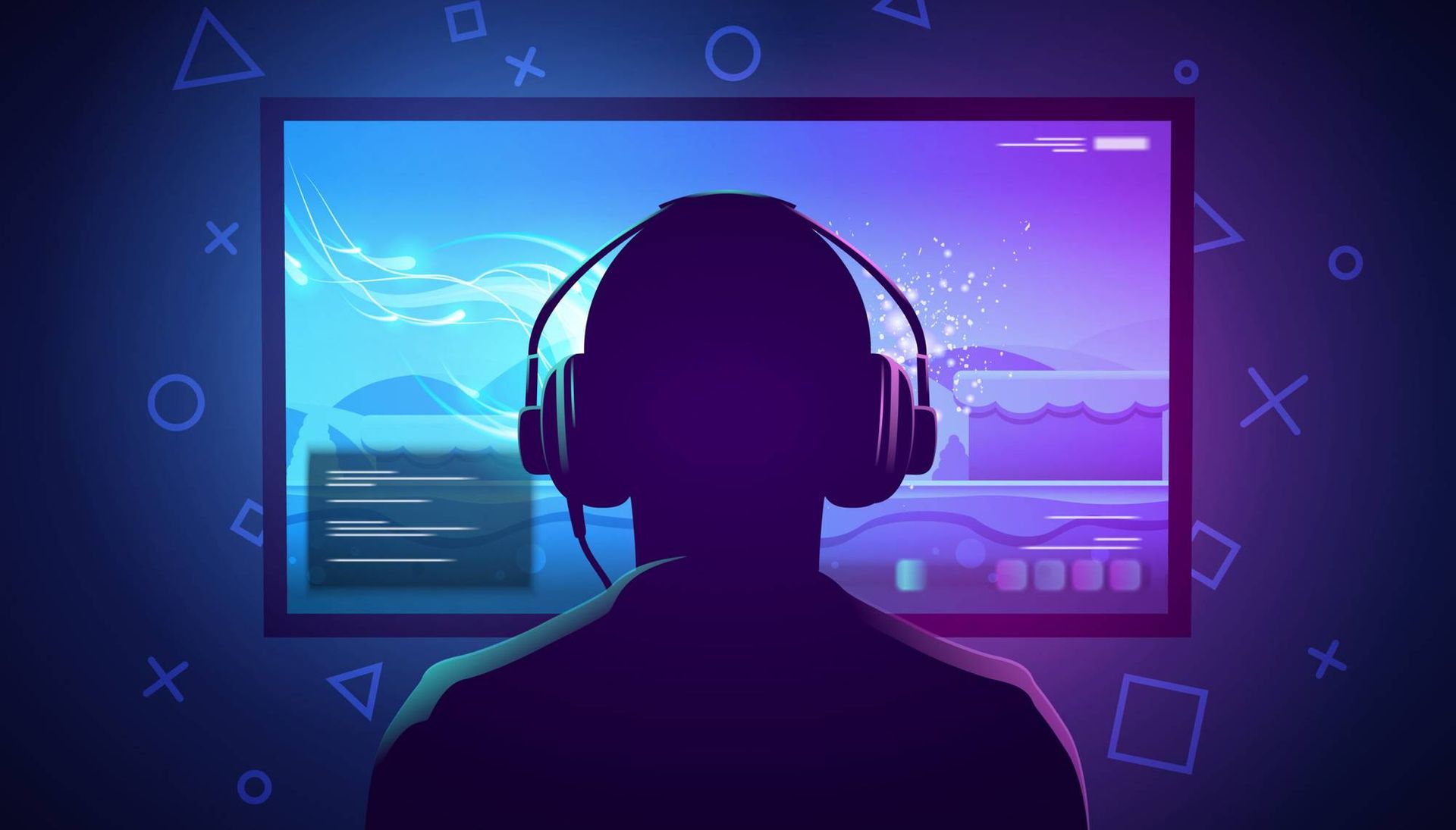 Illustration of video game player sitting in front of a screen, wearing headphones