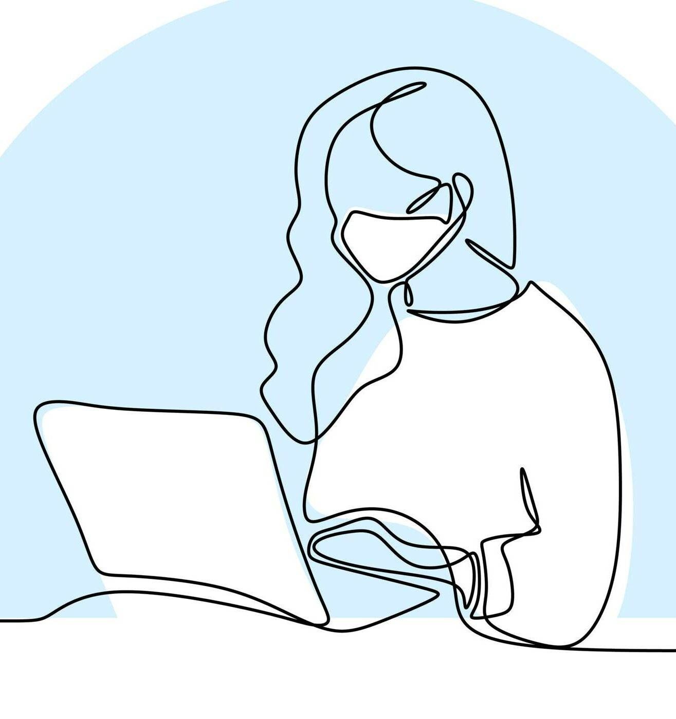 Illustration of young woman with mask on looking at an open laptop screen, college grads, Rewire, young job seekers