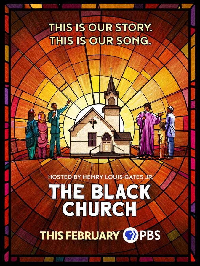 Promotion poster for The Black Church documentary showing a stained glass window with a church and people