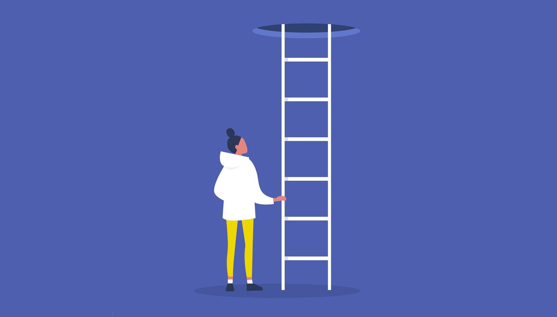 a woman looks at a ladder. rewire pbs our future student debt cancellation