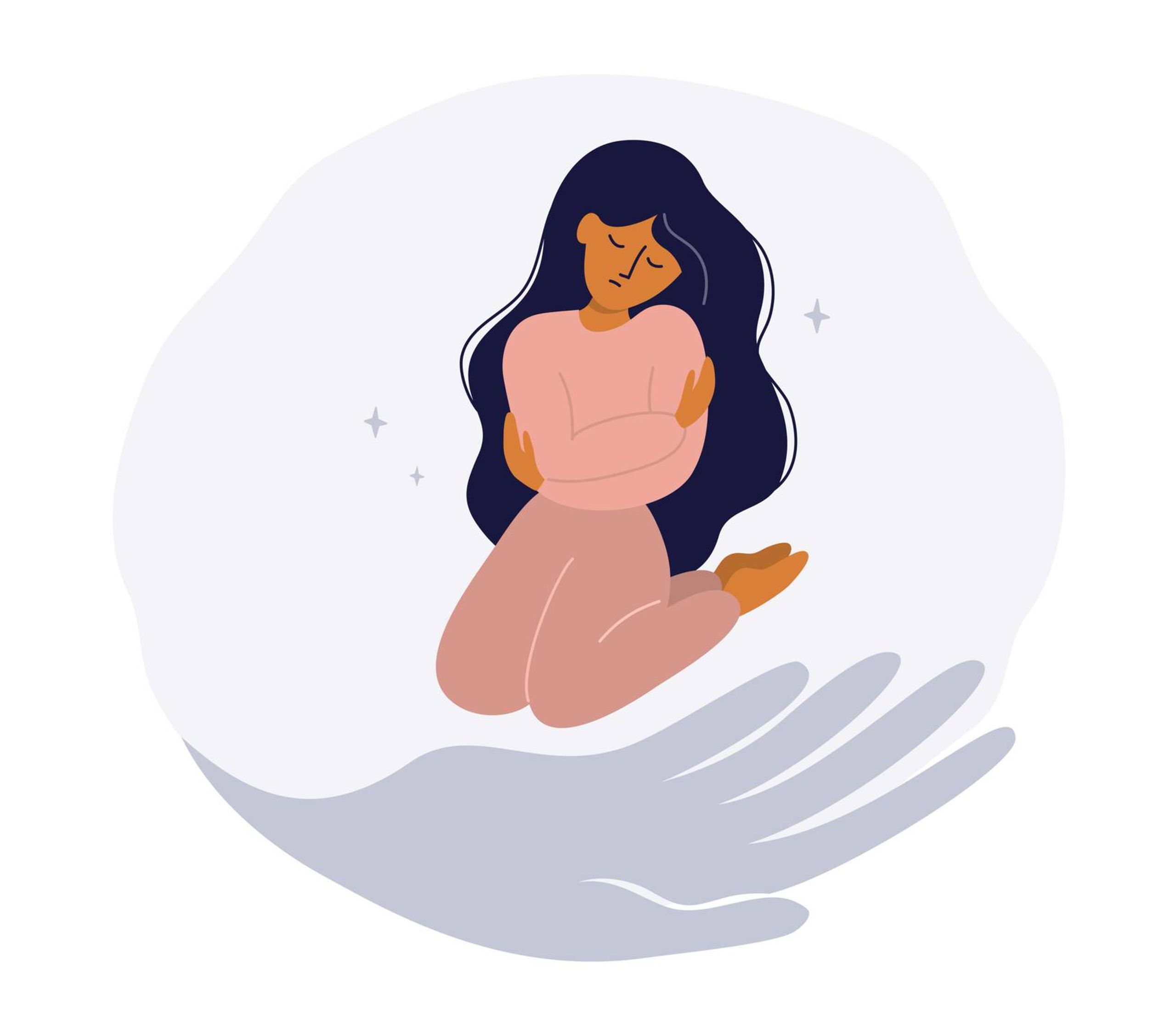 Illustration of a woman sitting on her knees and hugging herself while being supported by a large hand, Rewire, cancer related traums