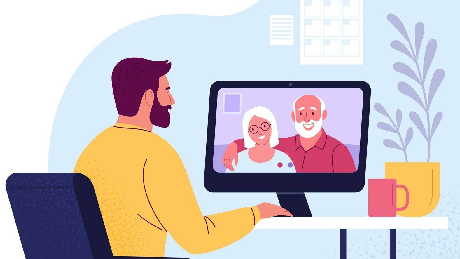 Illustration of a man having a video conference call with his parents, who appear together on a computer screen, rewire, aging