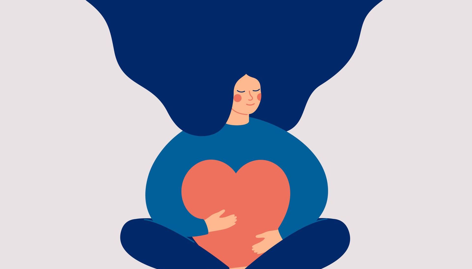 Young woman embraces a big red heart with mindfulness and love. Smiling female character sits in lotus pose with closed eyes and enjoys her freedom and life.