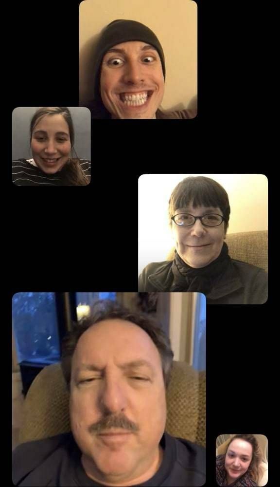 Screenshot of a Facetime conversation between five family members, rewire, aging