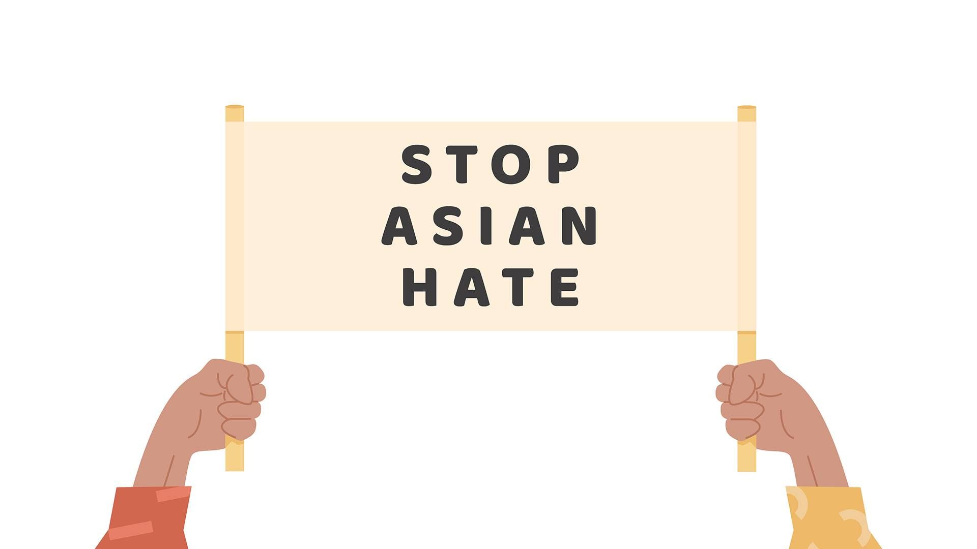 Man or women holding text banner saying "Stop Asian Hate". rewire pbs Asian Americans