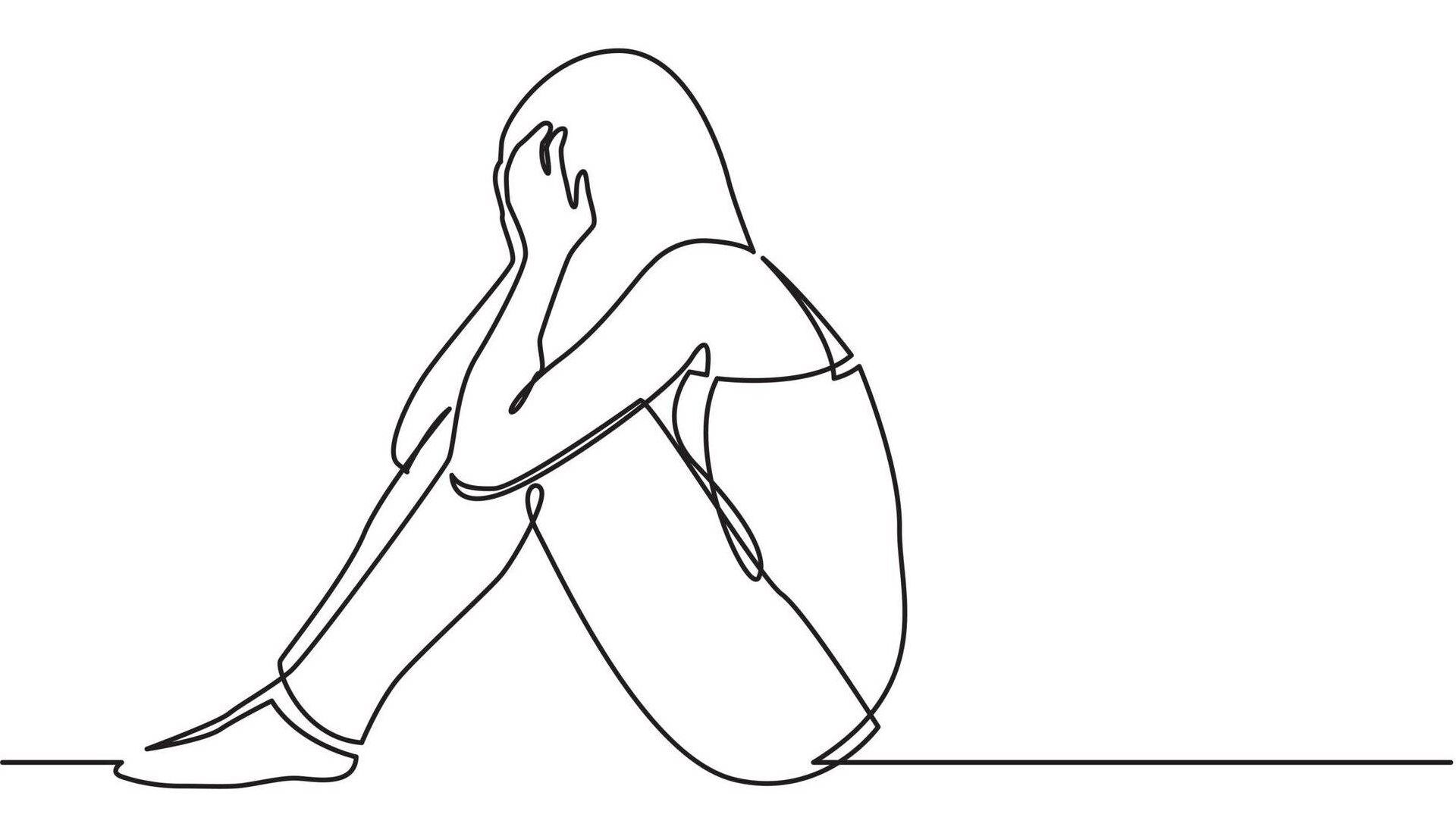 Continuous line drawing of woman sitting on floor in despair. Suicide cluster, Rewire, PBS