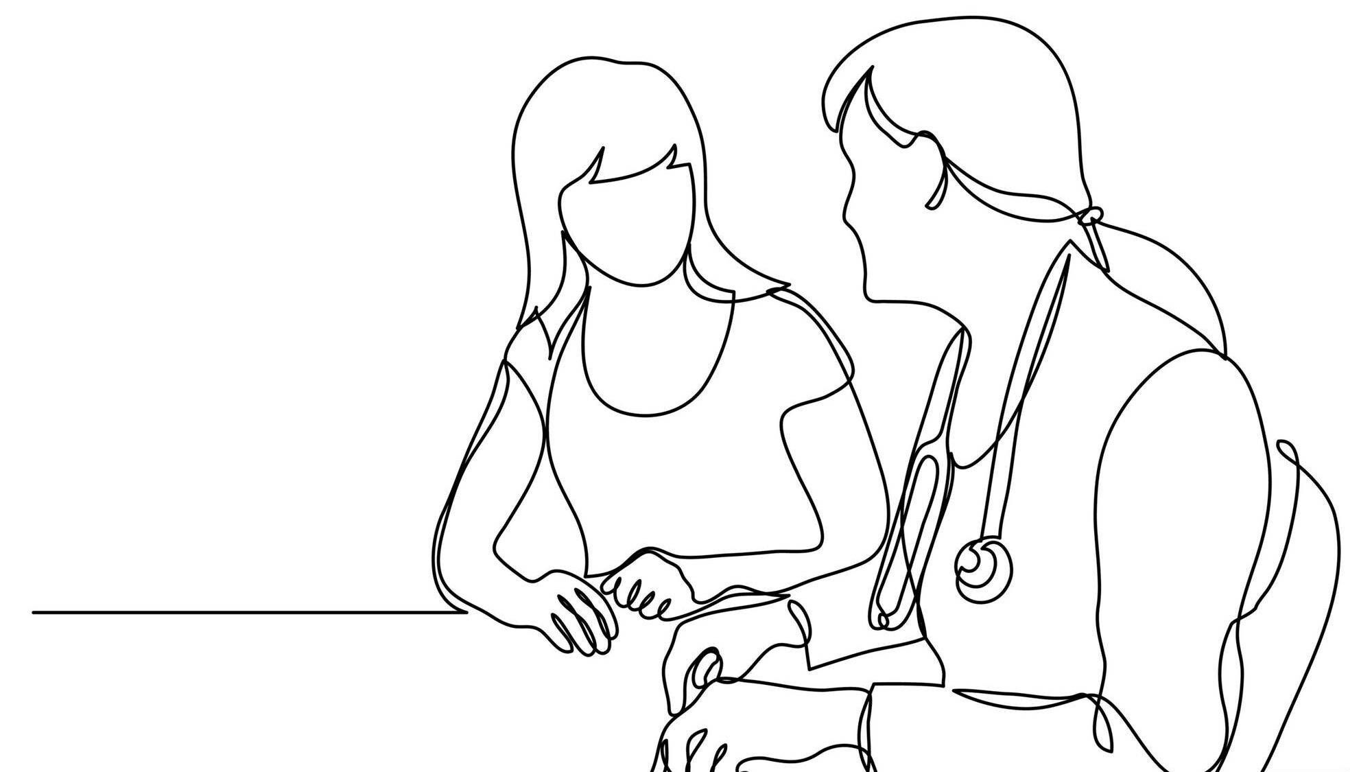 Line illustration of a female doctor speaking with a female patient, sitting at a table, egg freezing, Rewire, PBS