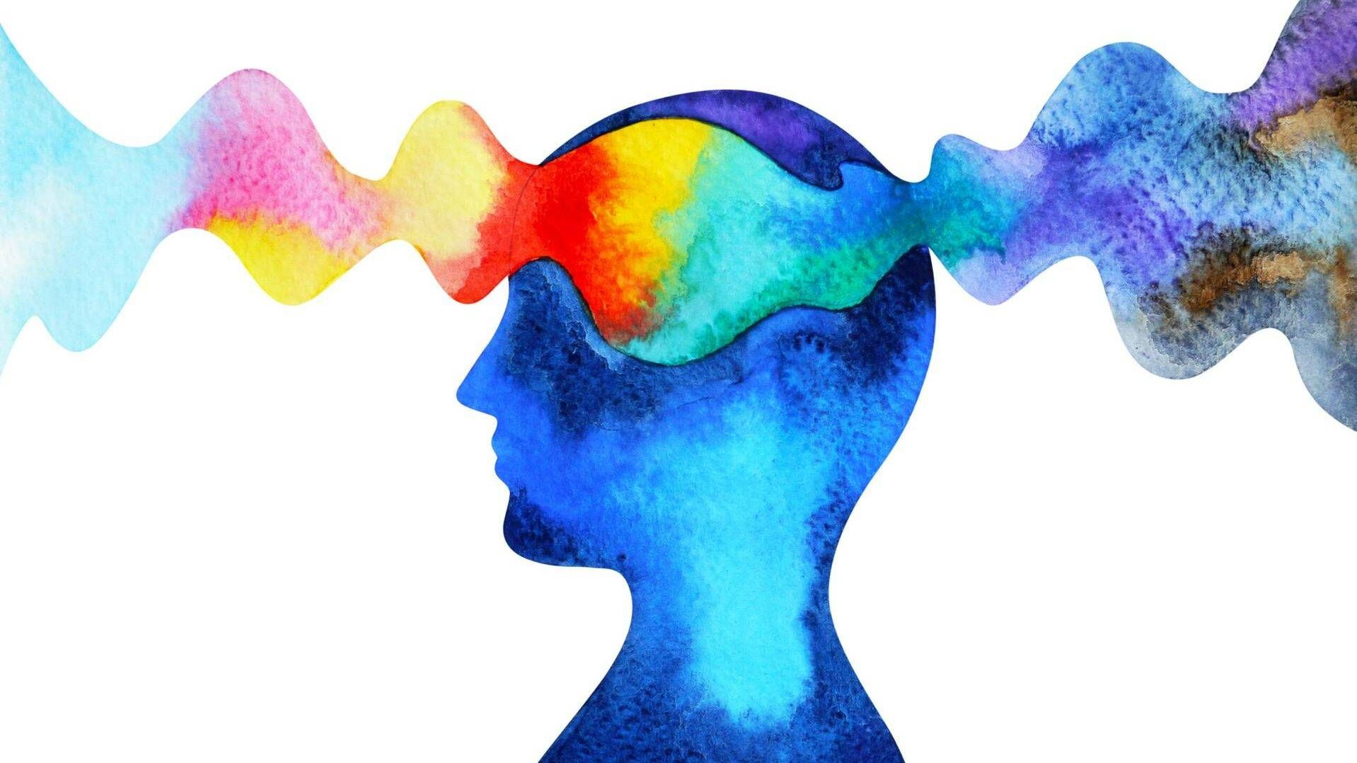 Illustration of a head silhouette with colorful cloud streaming across the forehead. Psilocybin, psychedelics, Rewire, PBS