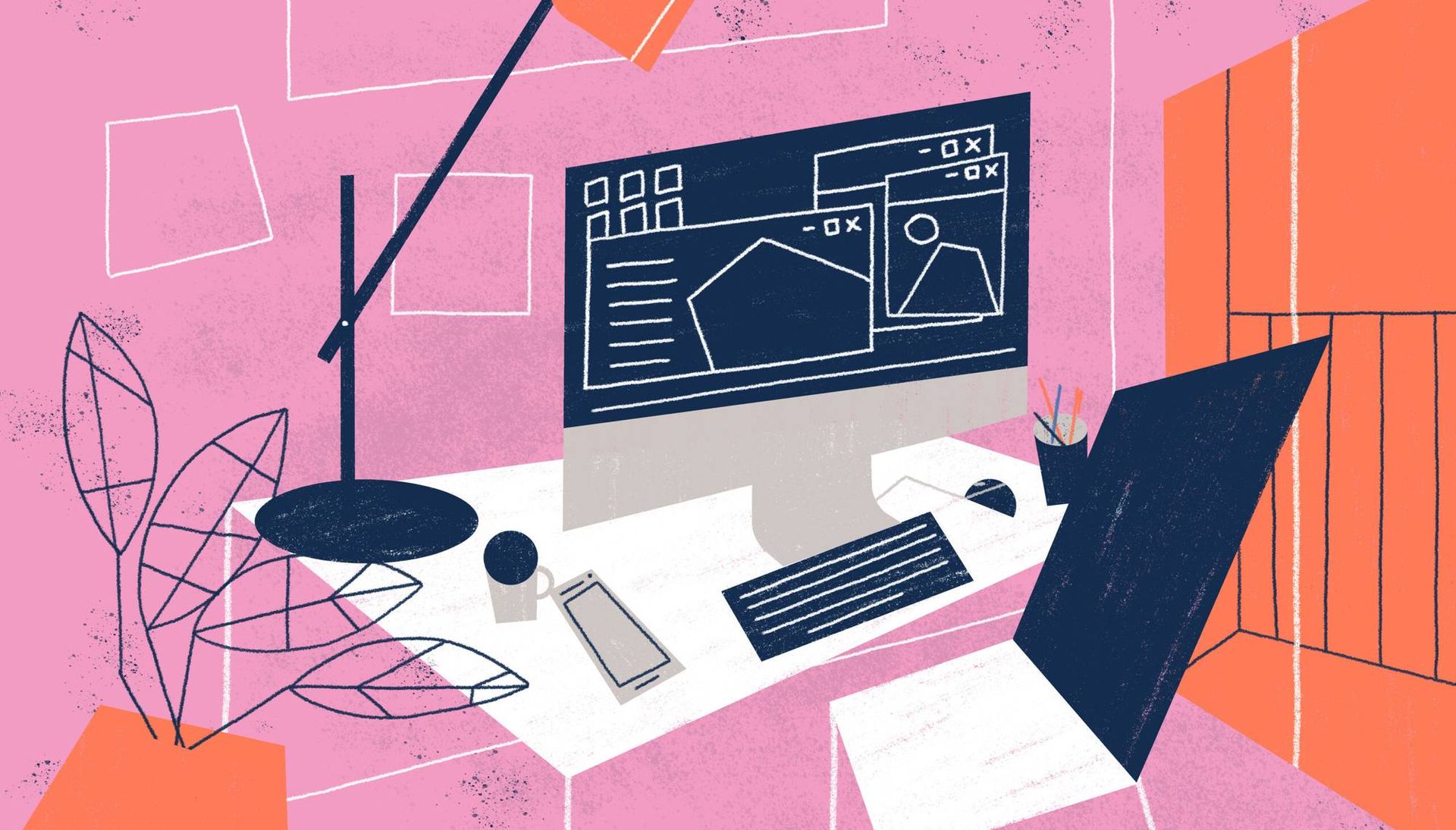 Illustration of colorful home office with desktop computer, lamp, table, chair and coffee