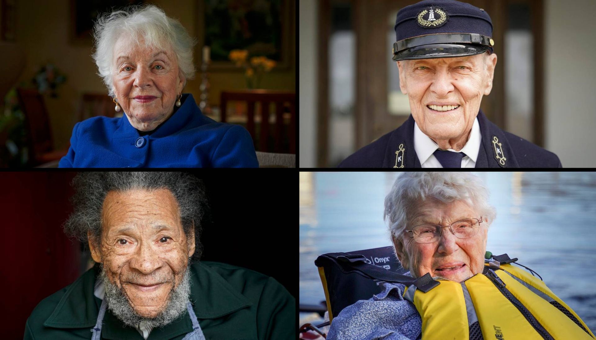 Collage of four portraits of older men and women looking at the camera and smiling. Life, elders, Rewire, PBS