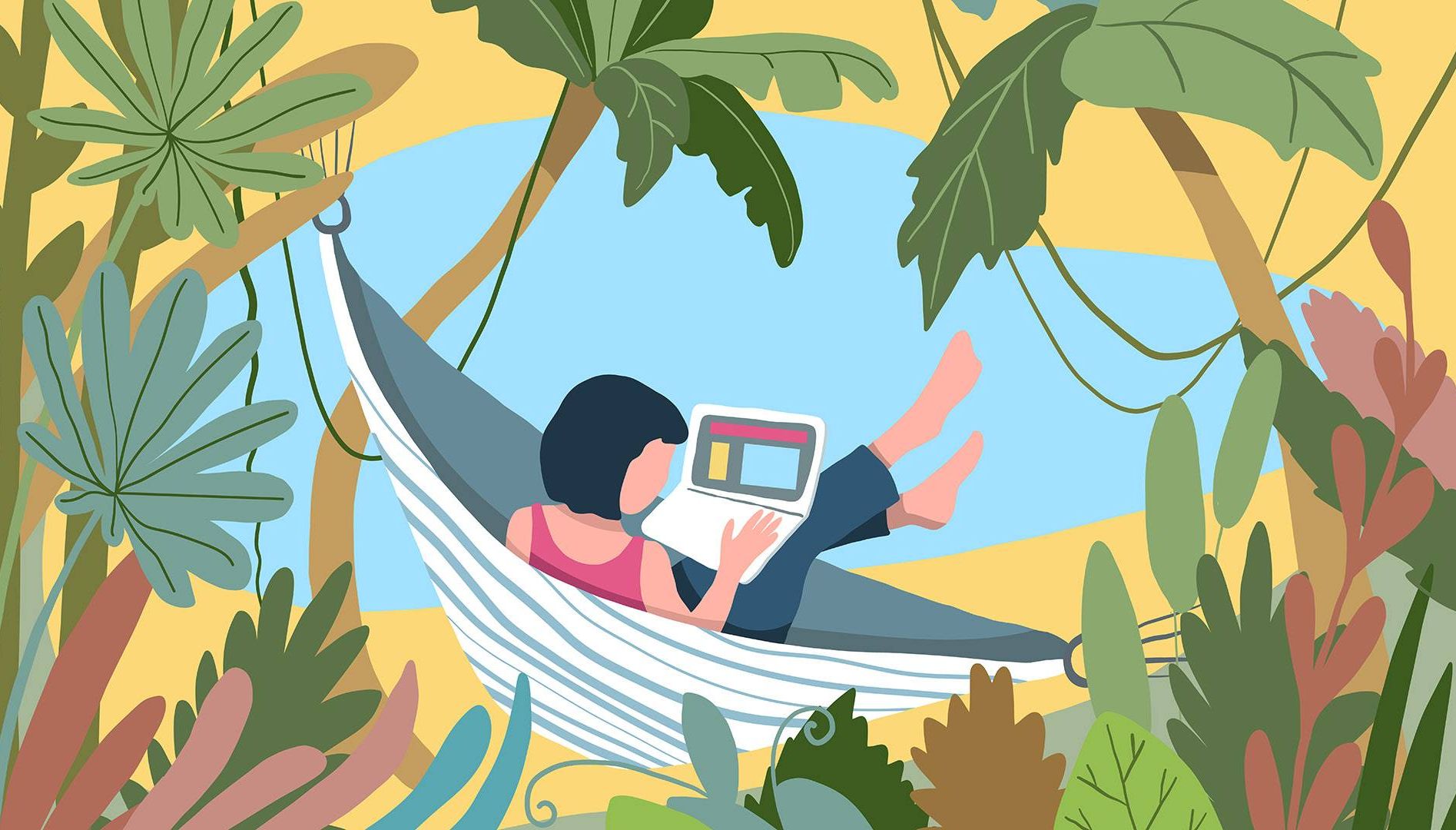 woman in hammock on workcation vacation. rewire pbs work workcation, remote work