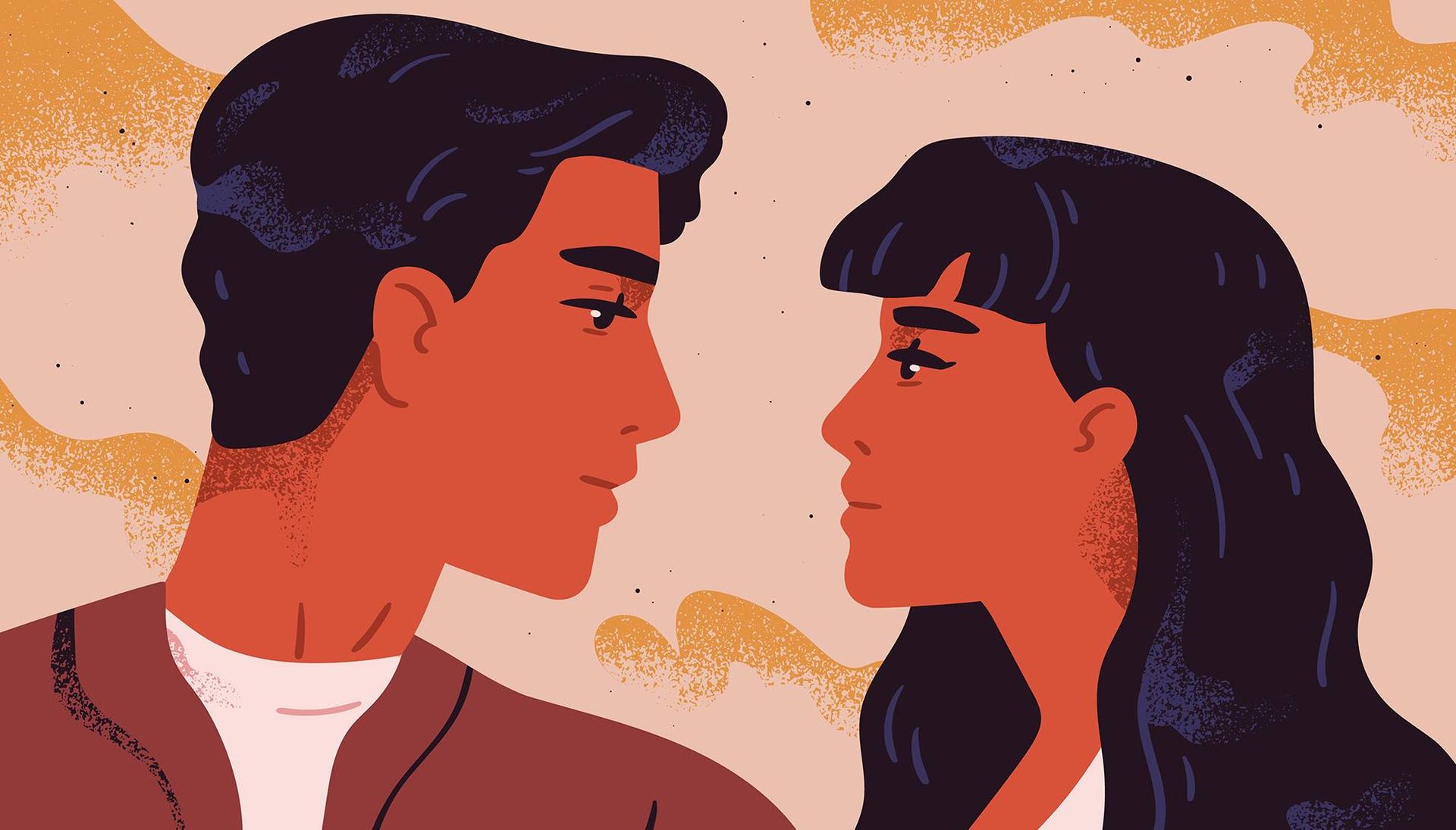 Portrait of young man and woman looking at each other.