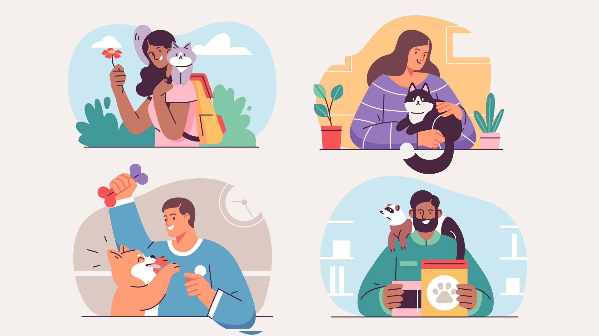 Illustration of four people with pets.